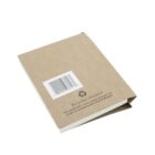 A small notebook with a brown cardboard cover featuring a barcode and a Recycled Material label. The cover has a simple, eco-friendly design and the outer edges of the white pages are visible.