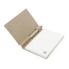 An open recycled cardboard notebook with a pen holder. The notebook has blank white pages and a small recycling symbol in the corner. A cardboard pen is placed in the holder on the left side.