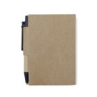 A small, brown, hardcover notebook with a black pen attached to its side. The notebooks cover is plain with a textured appearance. The pen is secured in a slot, complementing the notebooks compact design.