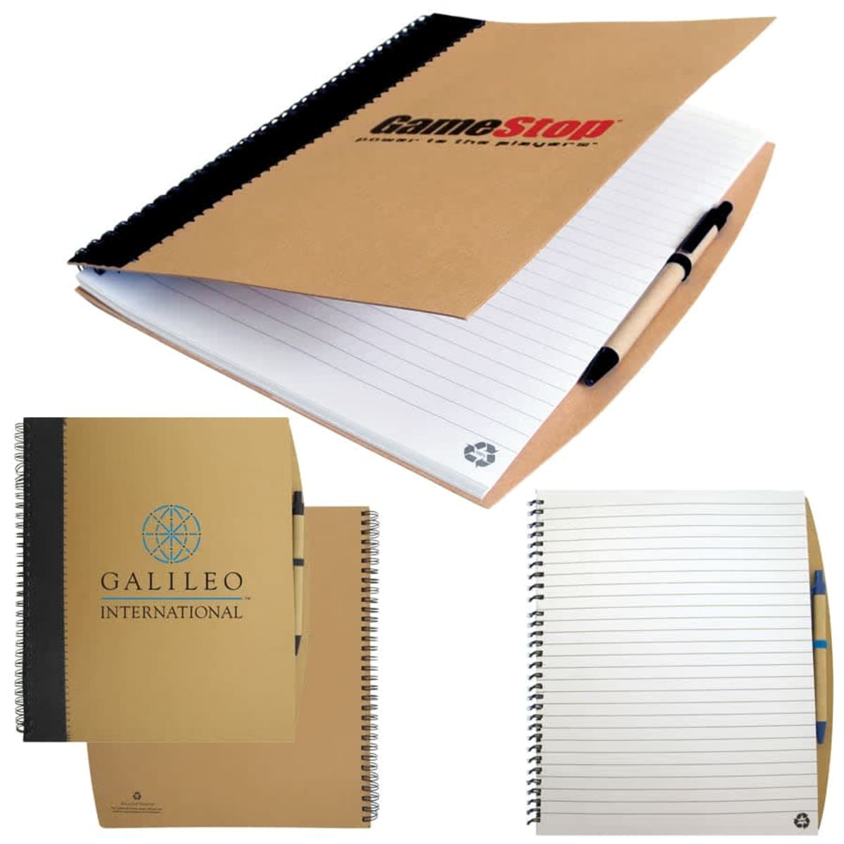 Three spiral notebooks, two closed, one open, displaying lined pages with pens attached.