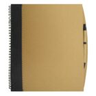 A brown spiral-bound notebook with black spine and a pen holder.