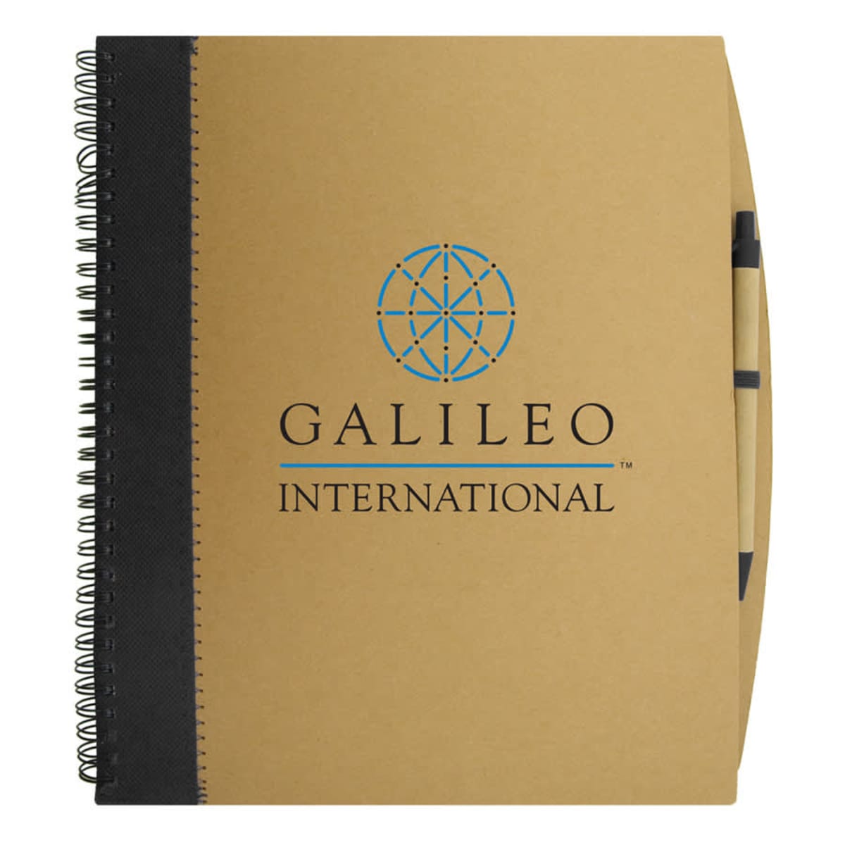 Spiral notebook with GALILEO INTERNATIONAL logo on brown cover.