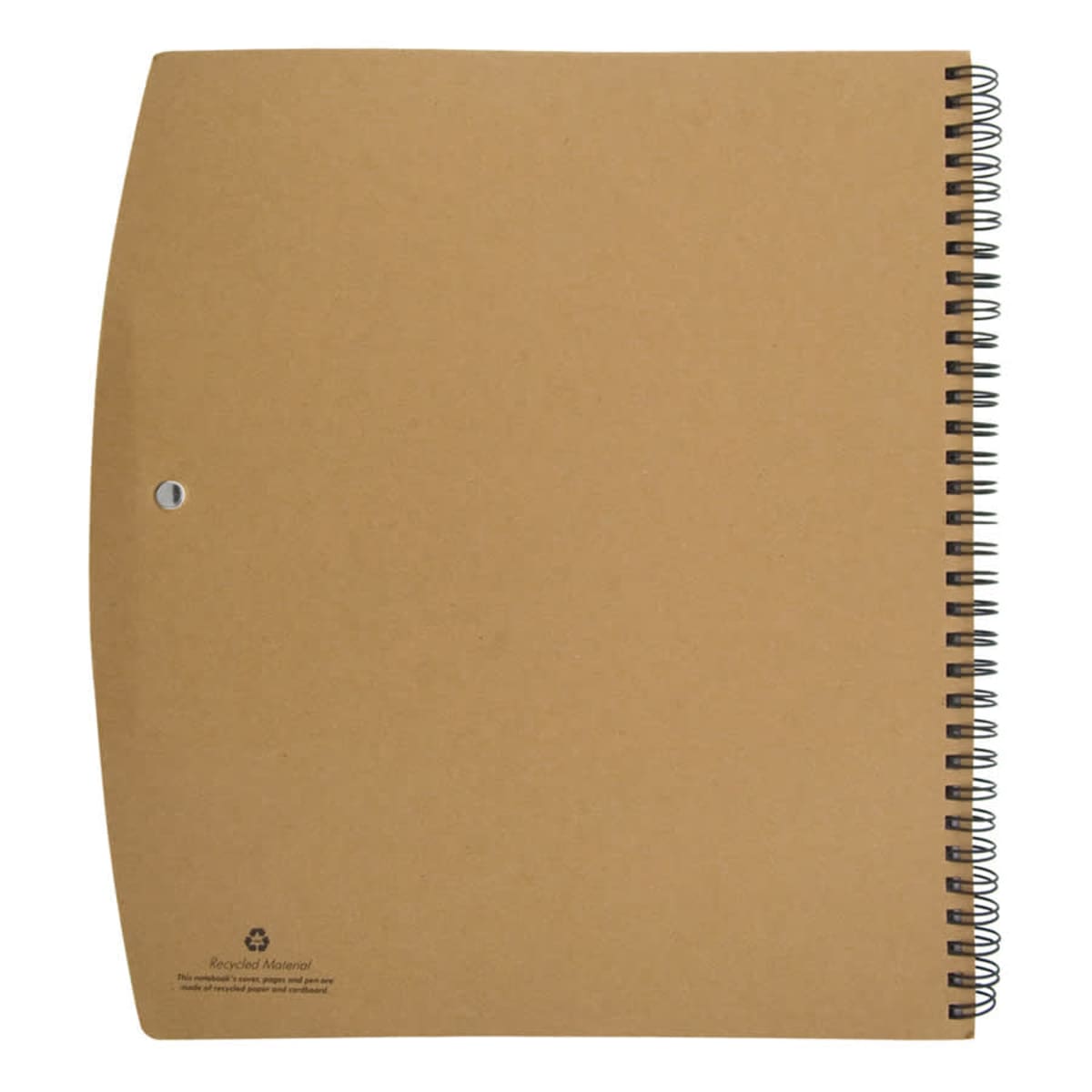 Brown spiral notebook with a cardboard cover and recycled material symbol.