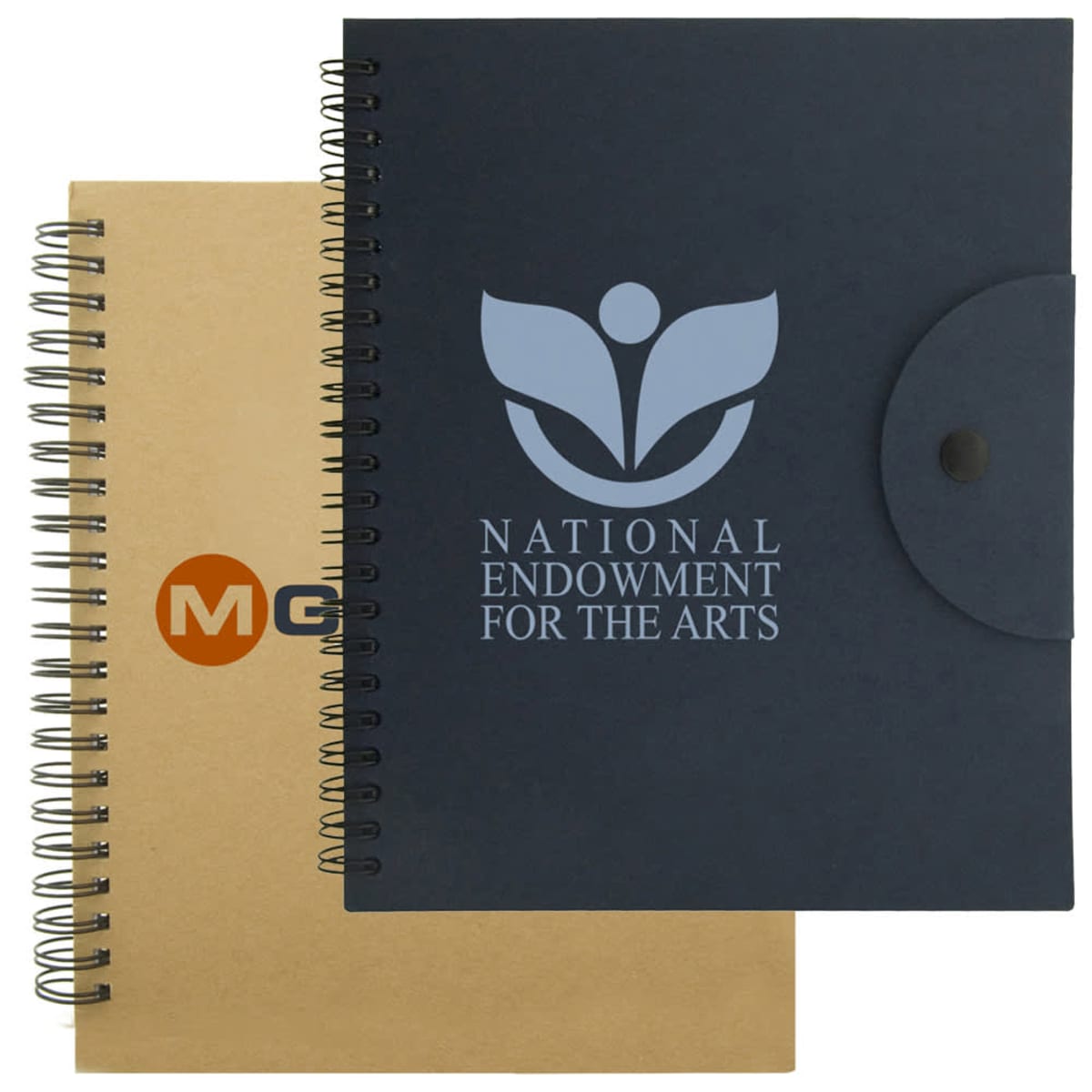 Two spiral-bound notebooks are shown. The front one is black with the National Endowment for the Arts logo. The back notebook is kraft-colored with a partial orange and black logo. Both have a spiral binding on the left.