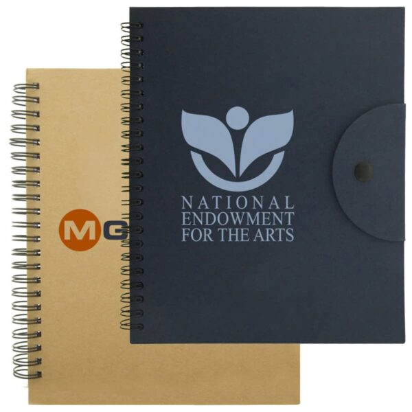 Two spiral-bound notebooks are shown. One is brown with MG in orange and black. The other is black with a flap closure, featuring a stylized person and the text National Endowment for the Arts in gray.