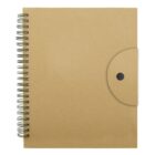 A spiral-bound notebook with a brown kraft paper cover. It features a round tab with a black dot for closure on the right side. The notebook appears simple and minimalist in design.