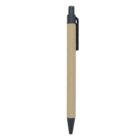 A brown and black retractable ballpoint pen with a matte finish. The barrel is made of a light brown material, and the top, clip, and tip are black. The pen is positioned vertically against a white background.