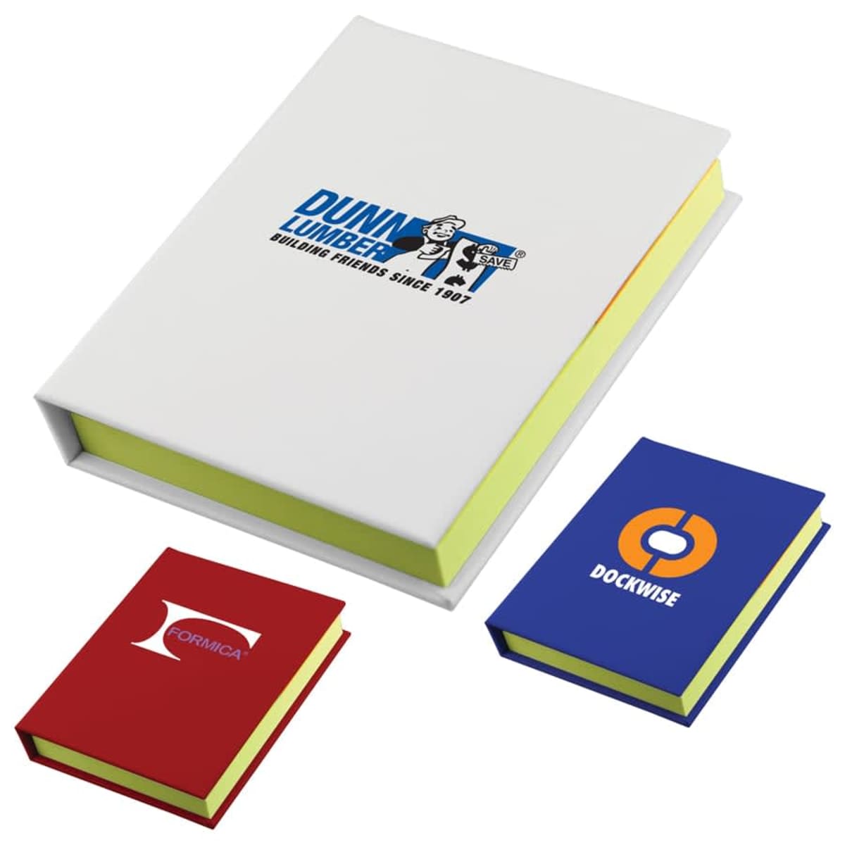 Three branded notepads with colorful covers and logos on each.