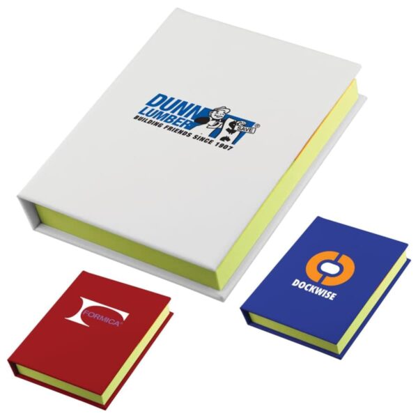 Three branded notepads with yellow pages and colored covers: white, red, and blue.
