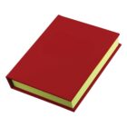 A closed book with a red cover and yellow pages.