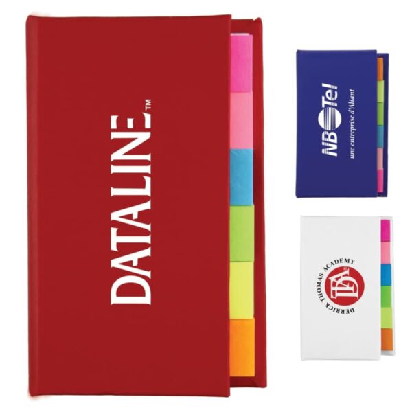 Three branded notebooks with sticky note tabs in red, blue, and white.