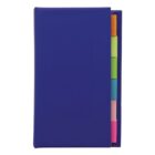 Blue notebook with colored sticky note tabs peeking out on the right side.