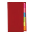 Red notebook with colorful sticky notes peeking out on the right side.