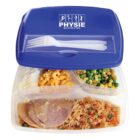 Lunchbox with rice, veggies, ham, macaroni, and a fork and spoon under a blue lid.