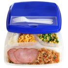 A lunchbox with rice, ham, mac & cheese, peas, corn, and a fork and spoon in the lid.