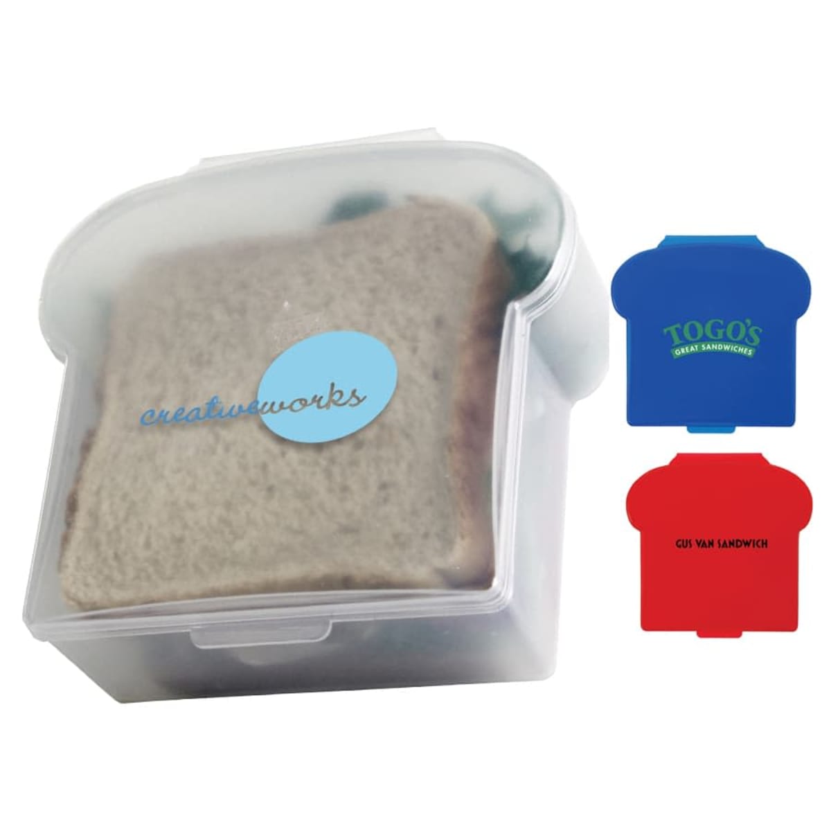 Plastic sandwich container set with blue and red lids.