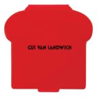 Red sandwich box with Gus Van Sandwich printed in black.