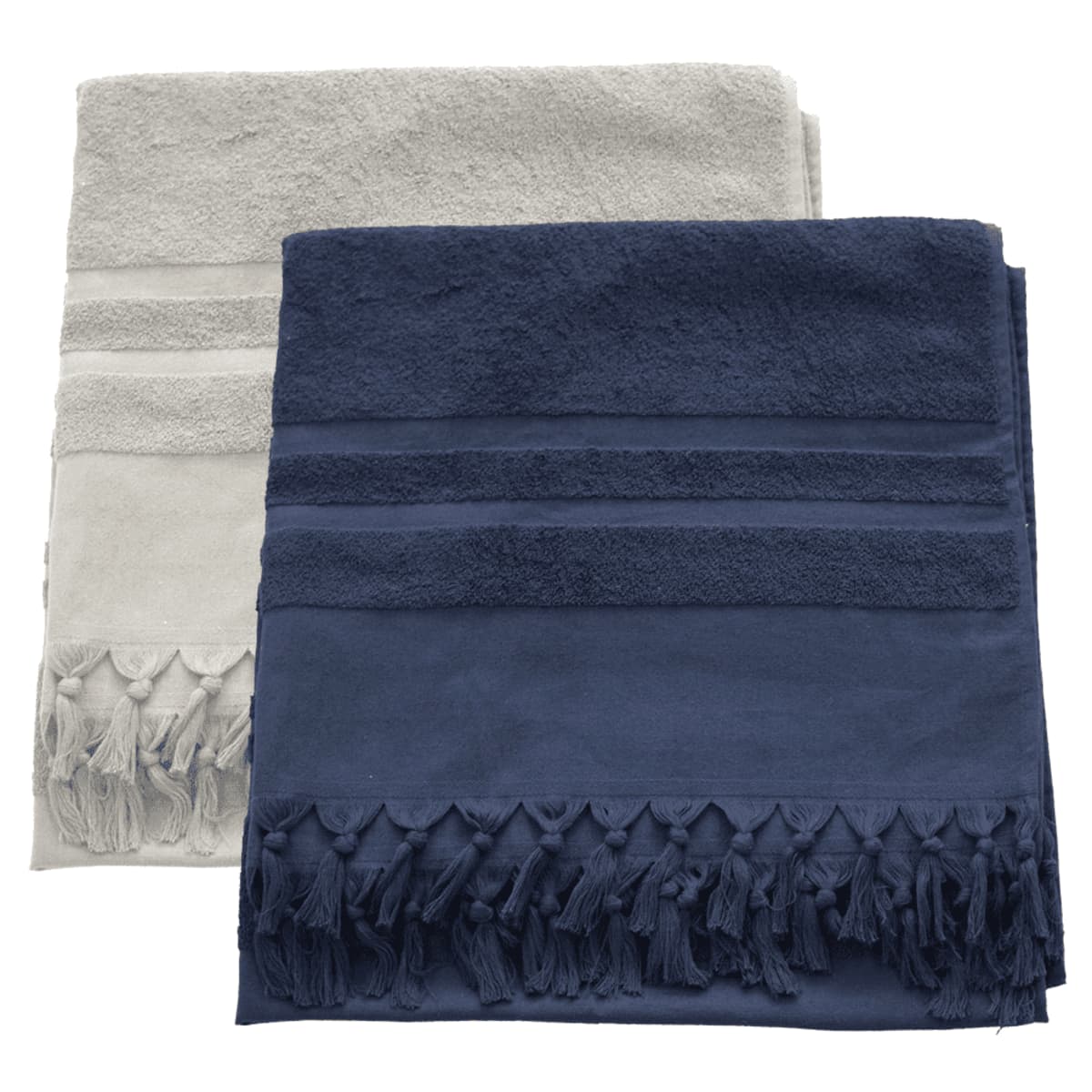 Two folded towels with tasselled edges: one is dark blue and the other is light gray. Each towel has a decorative band and fringe.