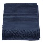 A neatly folded dark blue towel featuring a textured pattern with two visible stripes. The edge is adorned with tassels hanging uniformly. The towel appears plush and soft.
