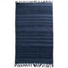 A dark blue rectangular towel featuring horizontal stripes in varying shades and fringe tassels along the top and bottom edges.