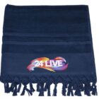 A folded dark blue towel with fringe tassels at the bottom edge. It features a colorful logo with the text 24 LIVE in bold letters on the front.
