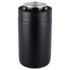 A black insulated can cooler holding a silver beverage can with a closed tab. The cooler is cylindrical with a smooth surface, designed to keep drinks cold. The cans top is partially visible above the coolers rim.