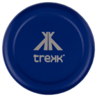 A blue flying disc with the word trek printed in lowercase white letters below a stylized geometric design. The design resembles an abstract tree or mountain composed of straight lines.