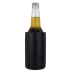 A bottle of beer in a black insulated holder, with a clear glass top and golden liquid visible. The holder covers the lower part of the bottle, standing against a plain white background.