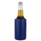 A brown beer bottle sits in a blue insulated koozie. The bottle is sealed with a silver cap, and the koozie covers the lower portion of the bottle. The beer appears light-colored and is shown against a white background.