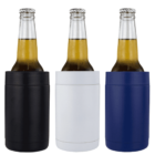 Three beer bottles are fitted with different colored can coolers: black, white, and blue. The bottles are placed in a row on a white background.