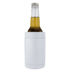 A beer bottle with a light silver koozie, keeping it insulated. The drink appears cold, with condensation visible on the bottle. The backdrop is plain white.