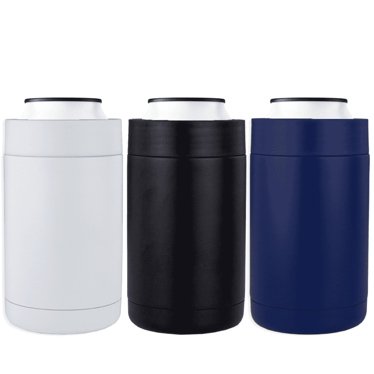Three insulated can coolers in white, black, and navy blue are lined up, each holding a can with the top visible. The coolers have a sleek, minimalist design and are cylindrical in shape.