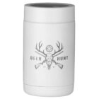 White insulated can cooler with a design featuring a deer skull, antlers, and rifles, along with the text DEER HUNT and 1991.