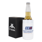A beer bottle in a branded white koozie with the logo EER Earthmoving Equipment Australia is placed next to a black box with the Trekk logo. The bottle cap is on, and the beverage inside is light-colored.