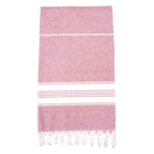 A pink towel with white stripes and white fringe on the ends.