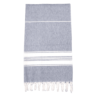 Gray and white striped towel with fringe on the ends, laid flat on a white background.