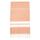 A peach-colored towel with white stripes and fringed ends.