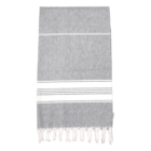 Gray and white striped towel with fringe on the bottom edge, laid flat.