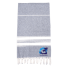 Gray and white striped towel with fringed edges and a palm tree beach logo in the corner.