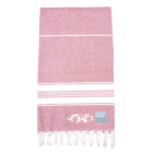 Pink beach towel with white stripes, fringe edges, and Surf Beach text with a surfboard design.