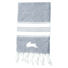 Gray and white striped towel with fringed edges and a white rabbit silhouette near the bottom.