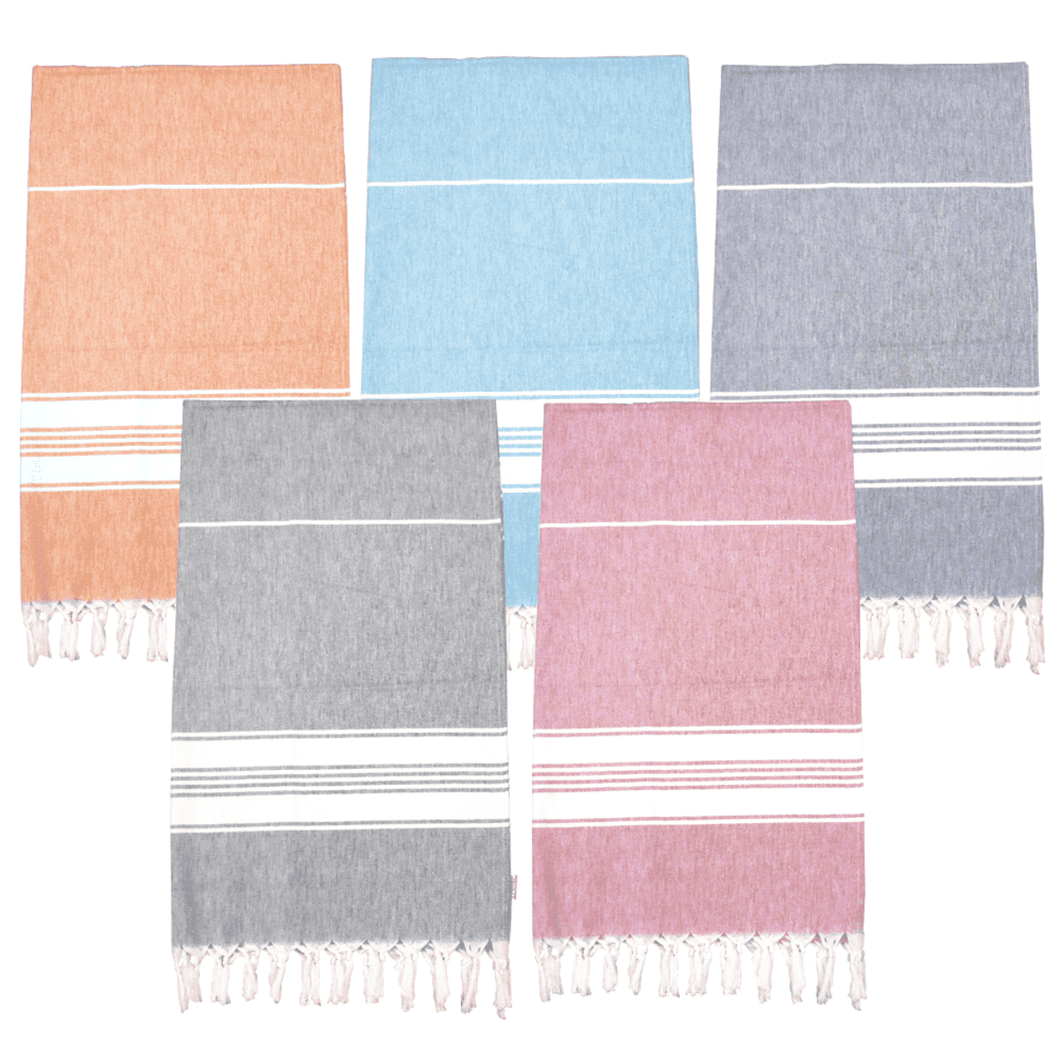 Five folded towels in orange, blue, gray, pink, and light gray with white stripes and tassels.
