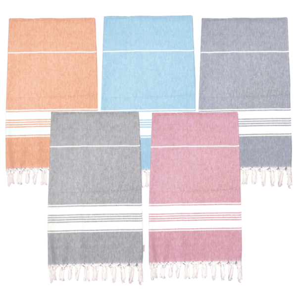 Five folded Turkish towels in orange, blue, gray, pink, and dark gray with white stripes.