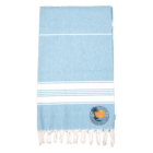 Light blue towel with white stripes, fringed edges, and a summer holiday palm tree patch.