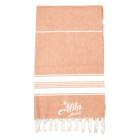 Light brown towel with white stripes, fringe edges, and Aloha Hawaii text at one end.