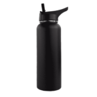 Black insulated water bottle with a flip-top lid and built-in straw, shown on a white background.