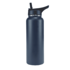A dark blue water bottle with a black flip straw lid on a white background.