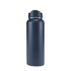 Black stainless steel water bottle with a screw-on lid, standing upright on a white background.