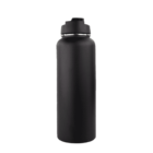 Matte black reusable water bottle with a screw-on lid against a white background.