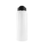 A plain white water bottle with a black screw-on lid on a white background.